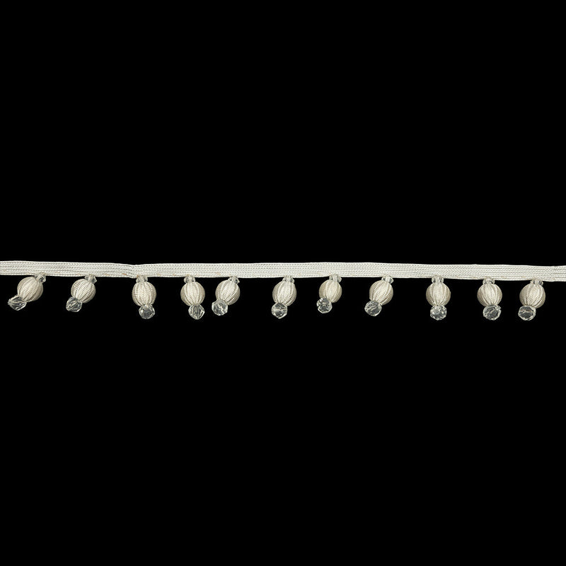 Vintage Ivory Fabric Covered and Crystal Beaded Fringe Trim on Ivory Tape - 0.875"