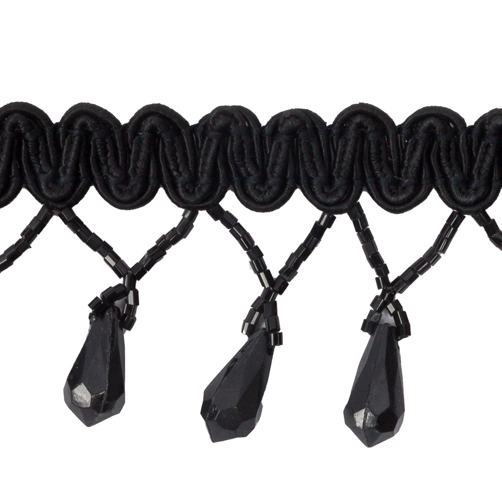 Vintage Black Teardrop Beaded Fringe on Black Gimp Braid - 2"
