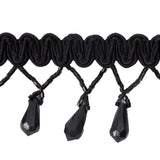 Vintage Black Teardrop Beaded Fringe on Black Gimp Braid - 2"