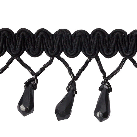 Vintage Black Teardrop Beaded Fringe on Black Gimp Braid - 2"