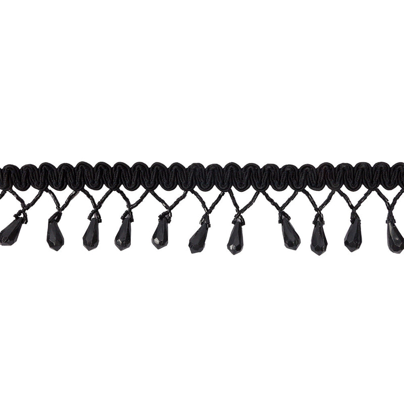 Vintage Black Teardrop Beaded Fringe on Black Gimp Braid - 2"