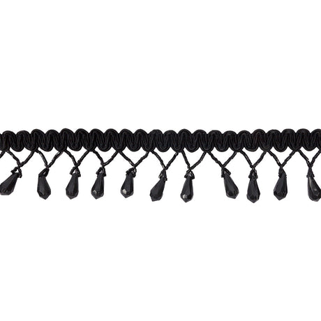 Vintage Black Teardrop Beaded Fringe on Black Gimp Braid - 2"