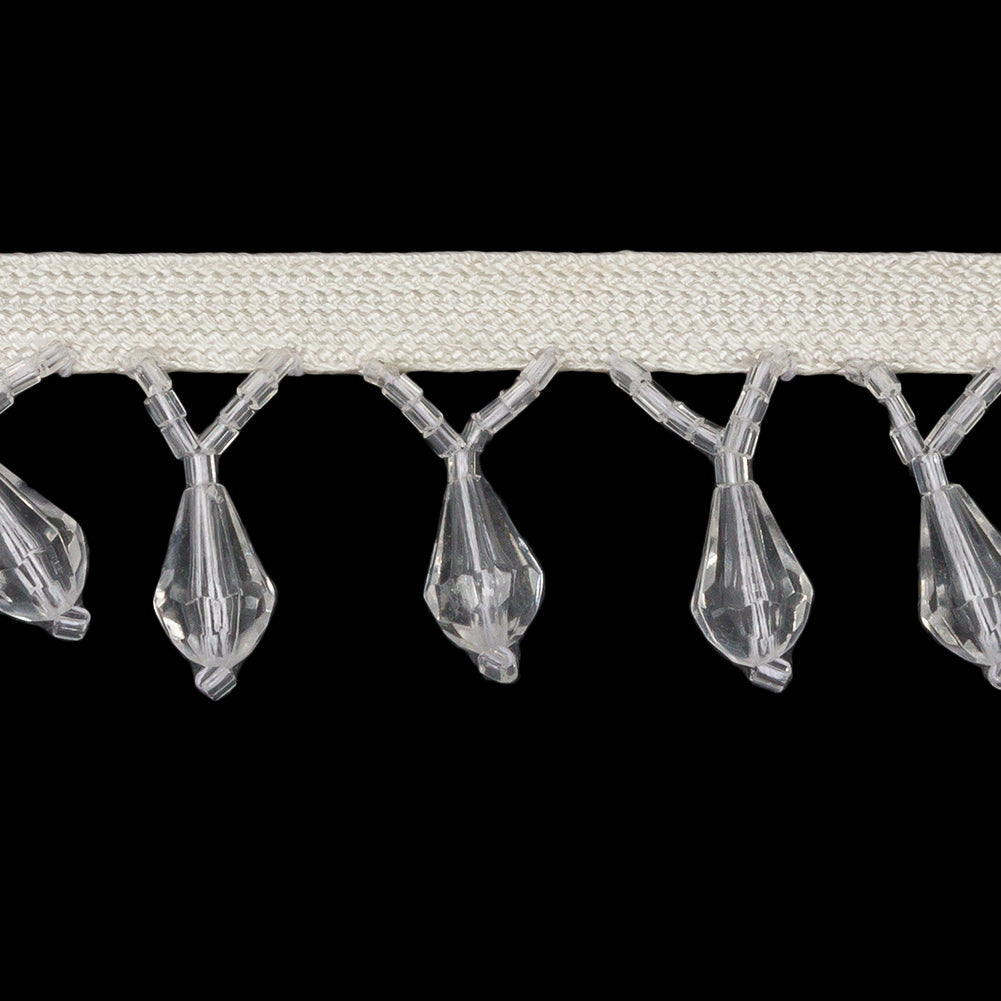Vintage Crystal Small Faceted Teardrops and Seed Beaded Fringe Trim on Ivory Tape - 1.25"