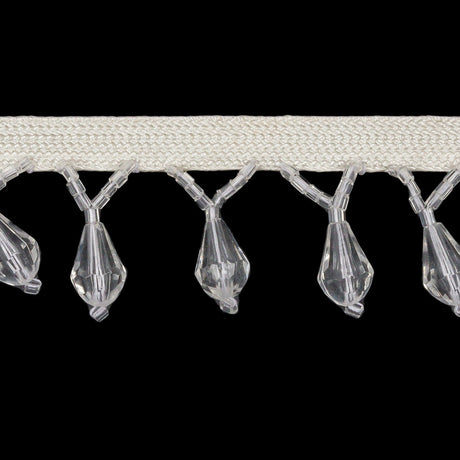 Vintage Crystal Small Faceted Teardrops and Seed Beaded Fringe Trim on Ivory Tape - 1.25"
