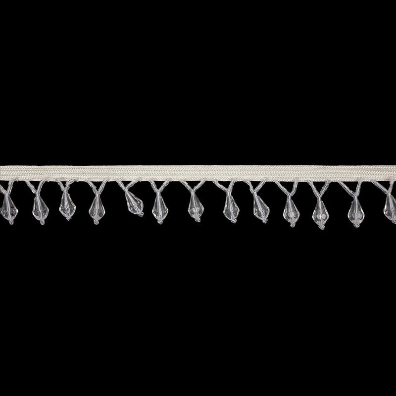 Vintage Crystal Small Faceted Teardrops and Seed Beaded Fringe Trim on Ivory Tape - 1.25"
