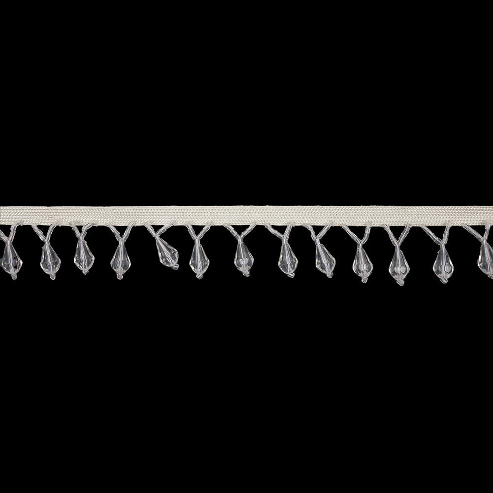 Vintage Crystal Small Faceted Teardrops and Seed Beaded Fringe Trim on Ivory Tape - 1.25"
