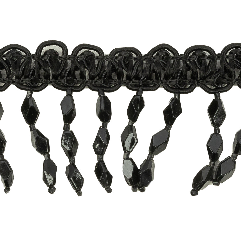 VIntage Black Diamond Beaded Fringe on Black Braid - 1.75"