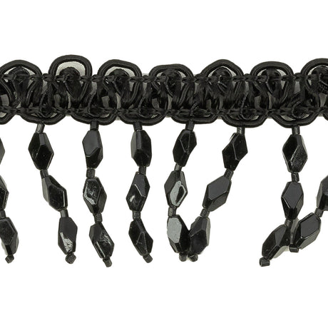 VIntage Black Diamond Beaded Fringe on Black Braid - 1.75"