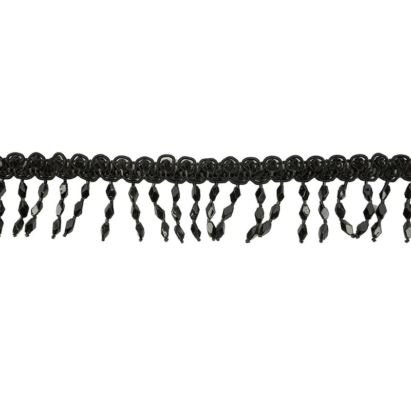 VIntage Black Diamond Beaded Fringe on Black Braid - 1.75"