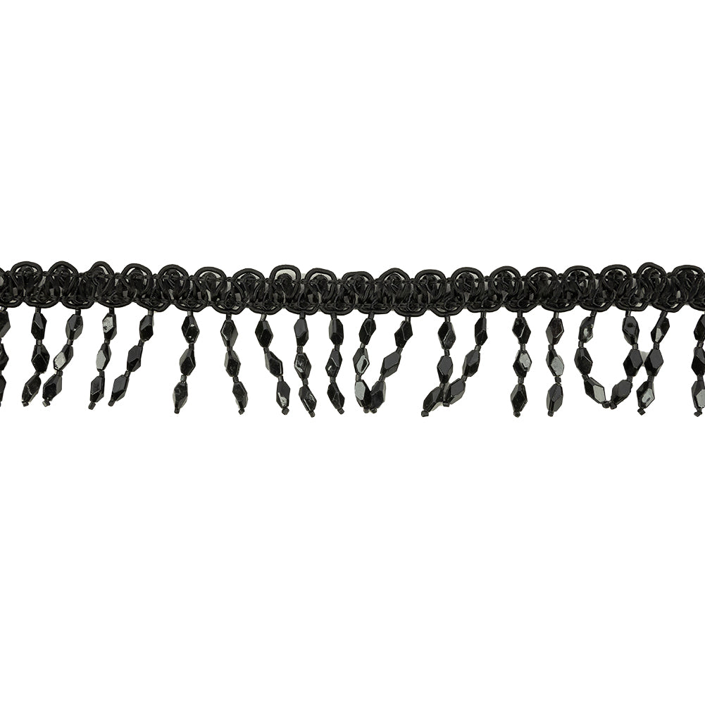 VIntage Black Diamond Beaded Fringe on Black Braid - 1.75"