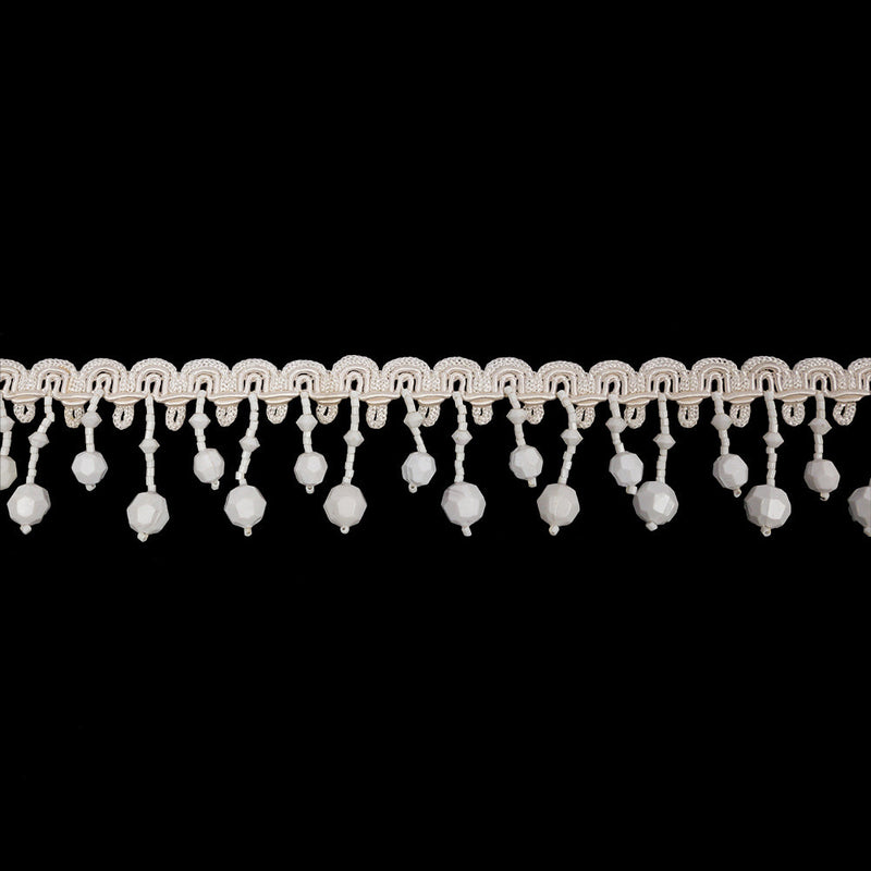 Vintage Chalk White Faceted Round Beaded Fringe on Ivory Gimp Braided Trim - 1.5"