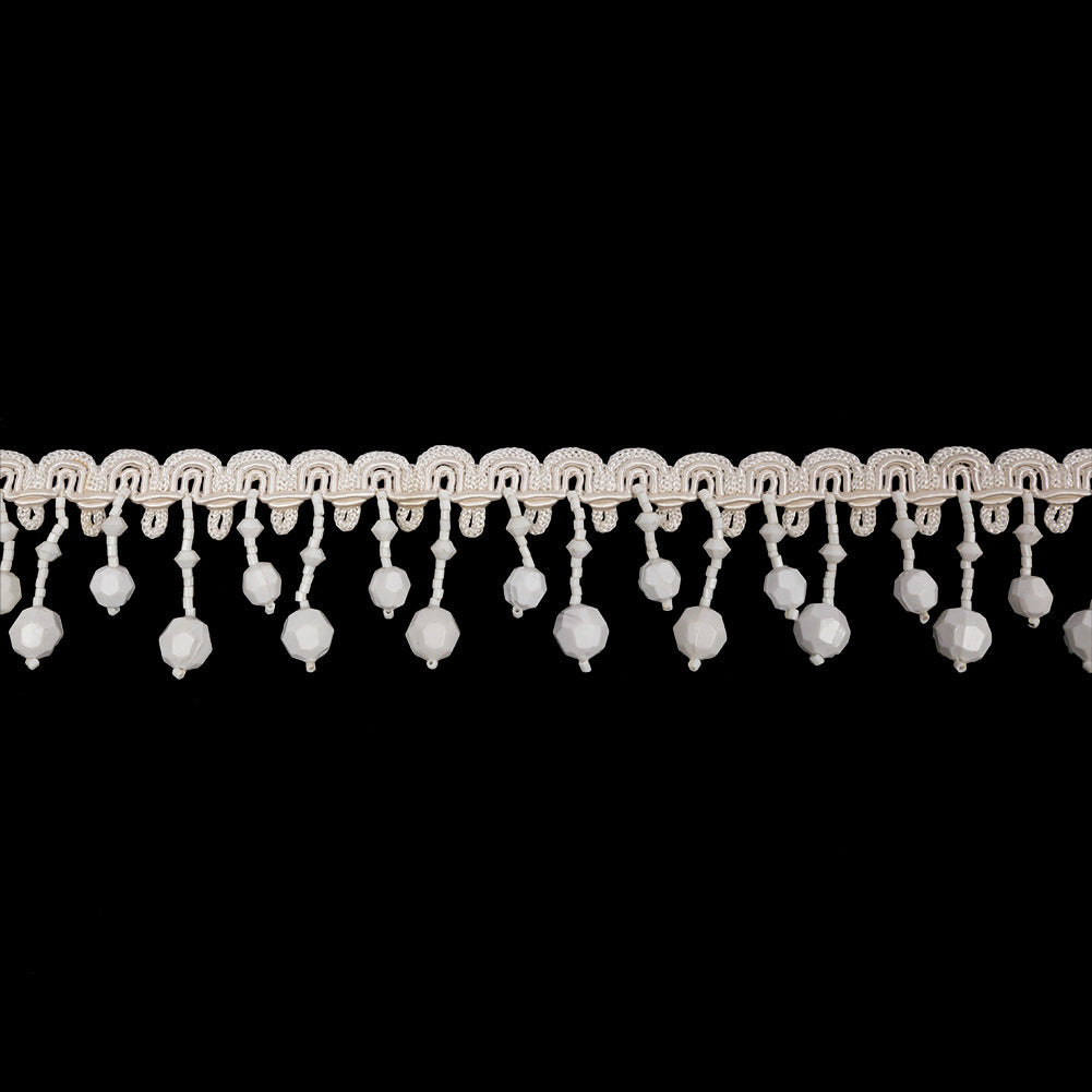Vintage Chalk White Faceted Round Beaded Fringe on Ivory Gimp Braided Trim - 1.5"