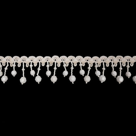 Vintage Chalk White Faceted Round Beaded Fringe on Ivory Gimp Braided Trim - 1.5"