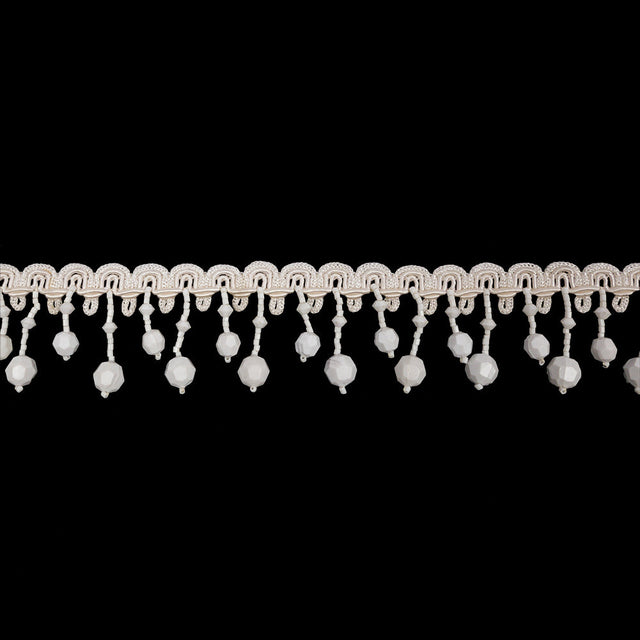 Vintage Chalk White Faceted Round Beaded Fringe on Ivory Gimp Braided Trim - 1.5"