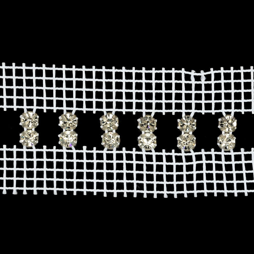 Vintage Czech Vertical Crystal Rhinestones on Double Edge White Mesh Trimming - 1.375"