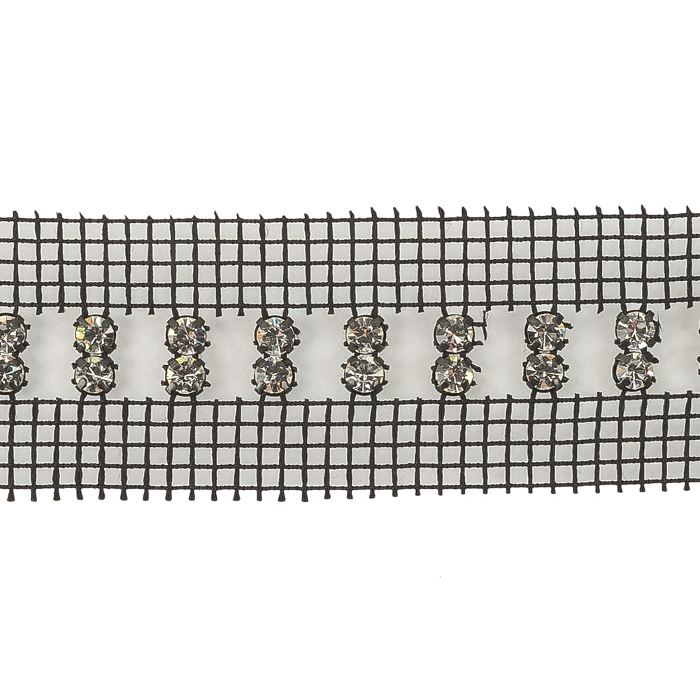 Vintage Vertical Crystal Rhinestones on Double Edge Black Mesh Trimming - 1.375"