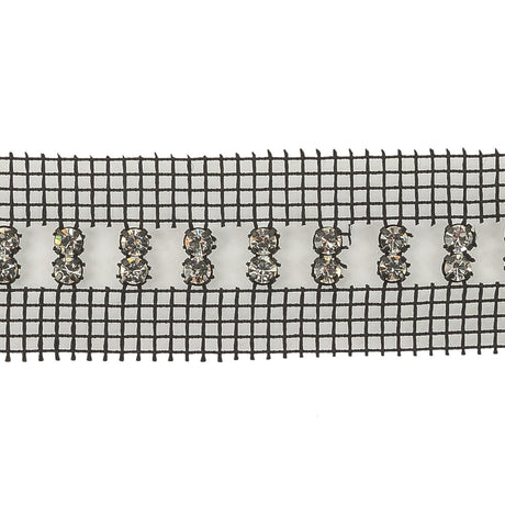 Vintage Vertical Crystal Rhinestones on Double Edge Black Mesh Trimming - 1.375"