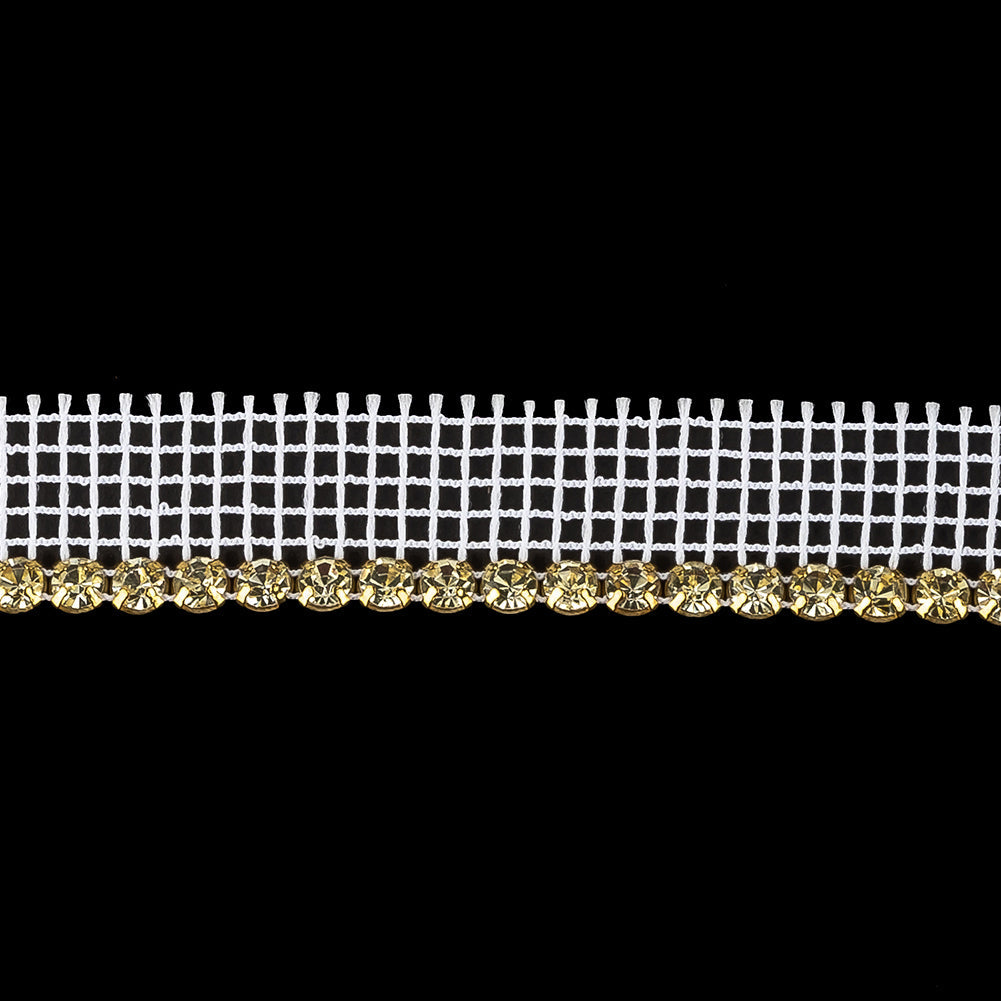 Vintage One Row Czech Crystal Rhinestones in Gold Settings on White Mesh - 0.75"