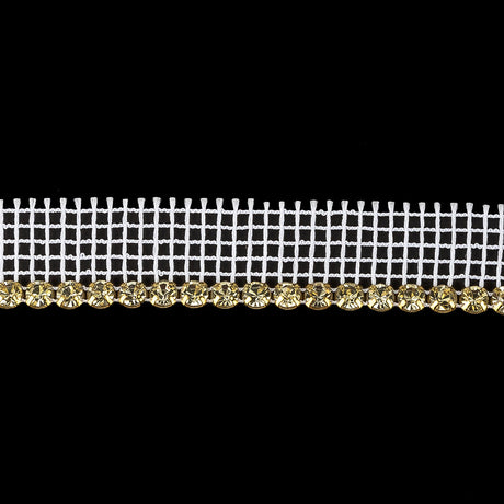 Vintage One Row Czech Crystal Rhinestones in Gold Settings on White Mesh - 0.75"