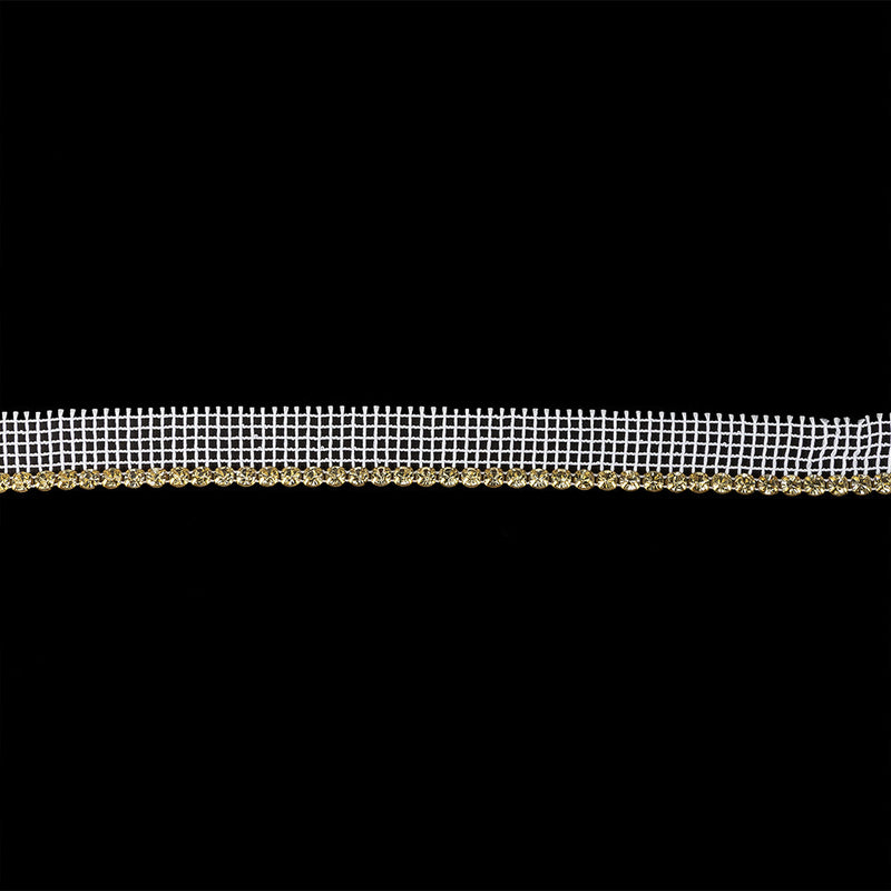 Vintage One Row Czech Crystal Rhinestones in Gold Settings on White Mesh - 0.75"
