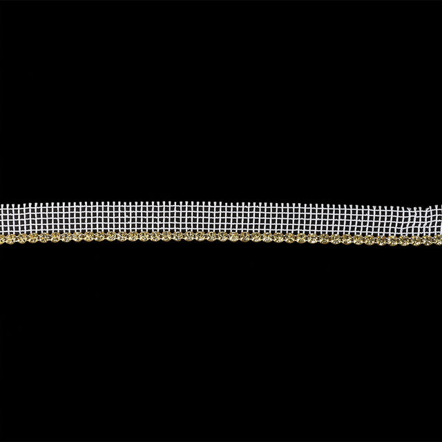 Vintage One Row Czech Crystal Rhinestones in Gold Settings on White Mesh - 0.75"
