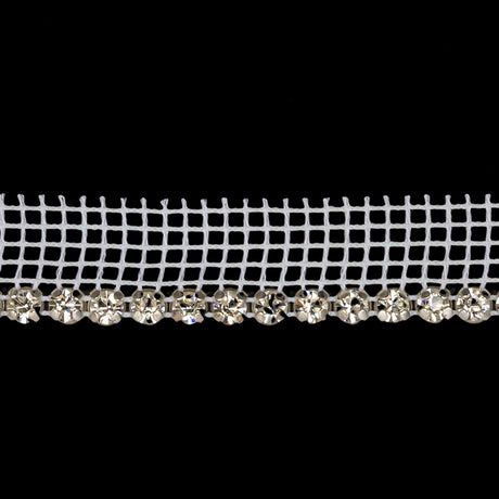 Vintage Czech Crystal and Silver 1 Row Circular Rhinestones on White Mesh Trimming - 0.5"