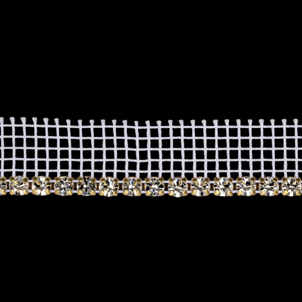 Vintage Czech Crystal and Gold 1 Row Circular Rhinestones on White Mesh Trimming - 0.75"