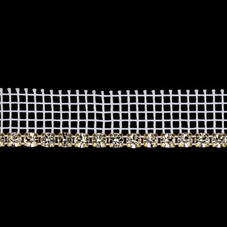 Vintage Czech Crystal and Gold 1 Row Circular Rhinestones on White Mesh Trimming - 0.75"