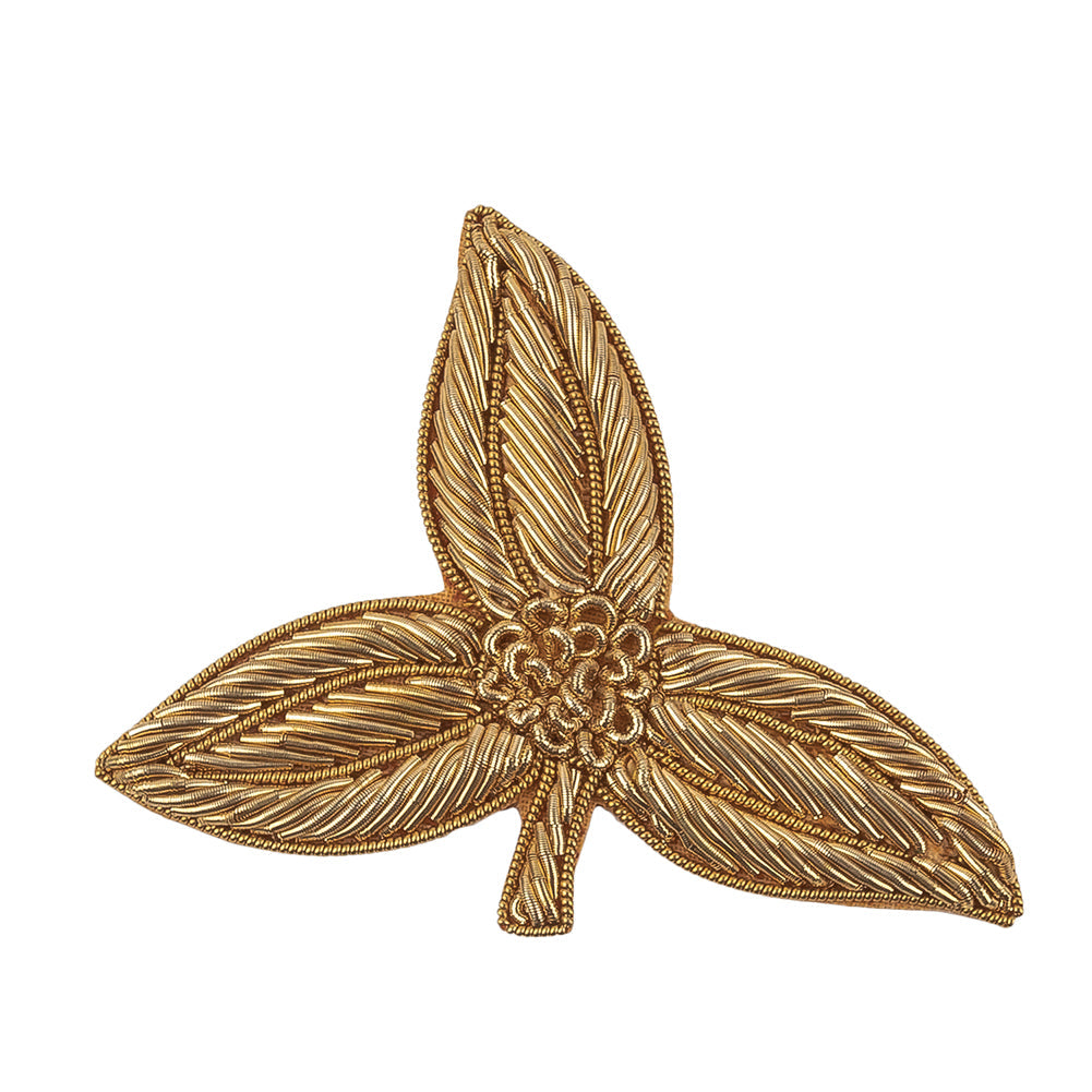 Vintage Gold Lurex Bullion Stitch Leaf Trio Applique - 2.25" x 3"