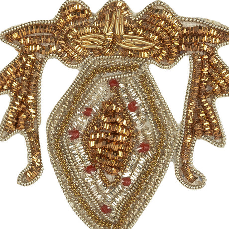 Vintage Metallic Gold and Red Diamond Crest Bullion Embroidered and Beaded Applique - 2.75" x 2.5"