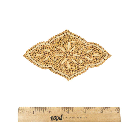 Vintage Tan and Natural Floral Sheild Wood Beaded Applique - 5.5" x 3.25"