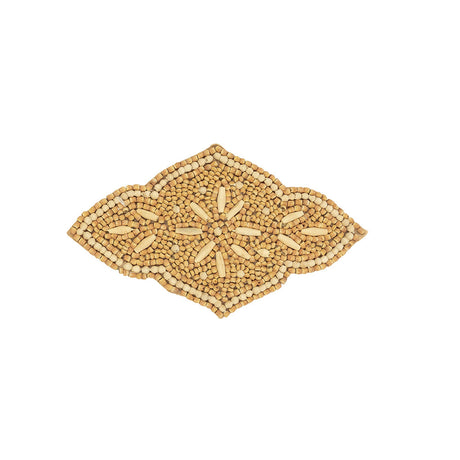 Vintage Tan and Natural Floral Sheild Wood Beaded Applique - 5.5" x 3.25"