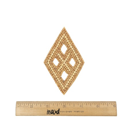 Vintage Tan and Natural Diamond Window Wood Beaded Applique - 4.25" x 2.625"