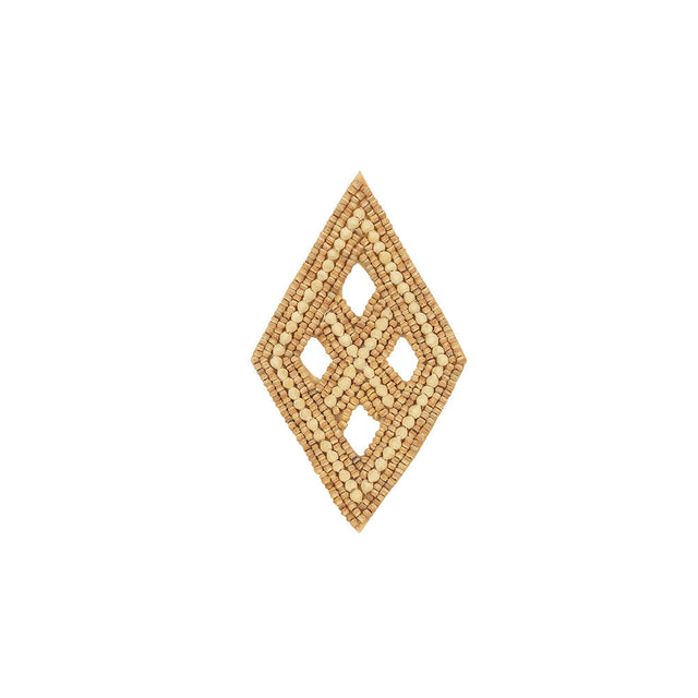 Vintage Tan and Natural Diamond Window Wood Beaded Applique - 4.25" x 2.625"