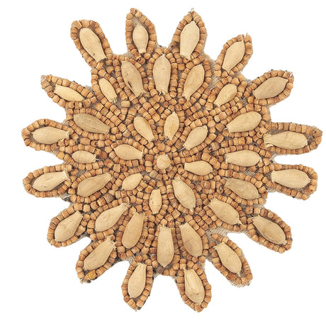 Vintage Natural and Chestnut Wood Beaded Abstract Floral Applique - 3.5" x 3.5"