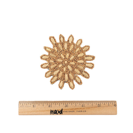 Vintage Natural and Chestnut Wood Beaded Abstract Floral Applique - 3.5" x 3.5"