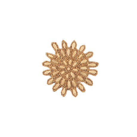 Vintage Natural and Chestnut Wood Beaded Abstract Floral Applique - 3.5" x 3.5"