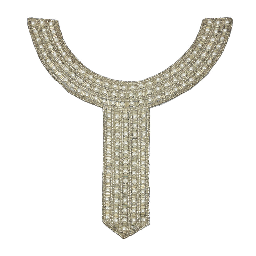 Vintage Fancy Pearl and Silver-lined Beaded Collar Applique - 9" x 8.75"