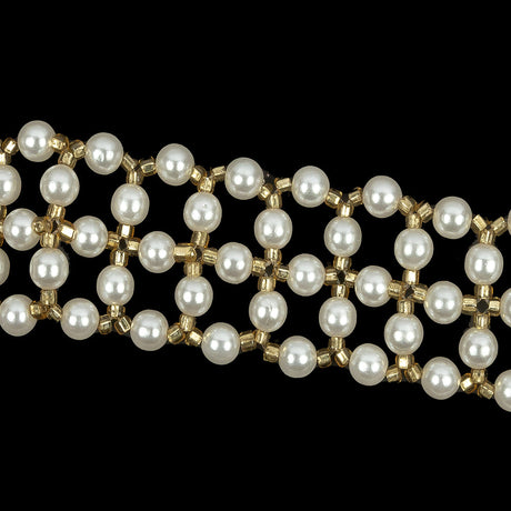 Vintage Gold and Faux Pearl Beaded Latticework Belt With Fringe - 33" x 1.125"