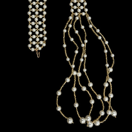 Vintage Gold and Faux Pearl Beaded Latticework Belt With Fringe - 33" x 1.125"