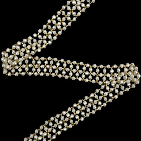 Vintage Gold and Faux Pearl Beaded Latticework Belt With Fringe - 33" x 1.125"
