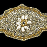 Vintage Gold Beaded and Rhinestone Floral Diamond Shaped Applique - 5.75" x 2.875"