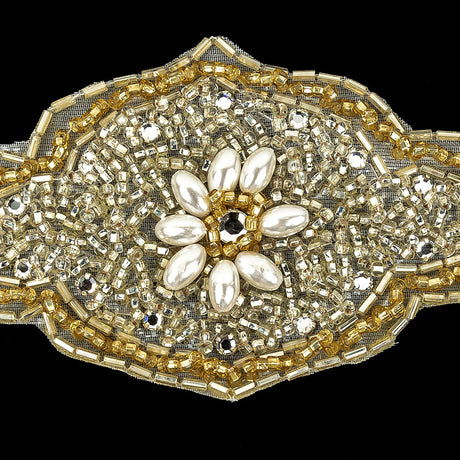 Vintage Gold Beaded and Rhinestone Floral Diamond Shaped Applique - 5.75" x 2.875"