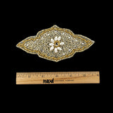 Vintage Gold Beaded and Rhinestone Floral Diamond Shaped Applique - 5.75" x 2.875"