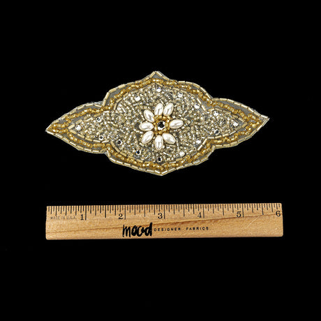 Vintage Gold Beaded and Rhinestone Floral Diamond Shaped Applique - 5.75" x 2.875"