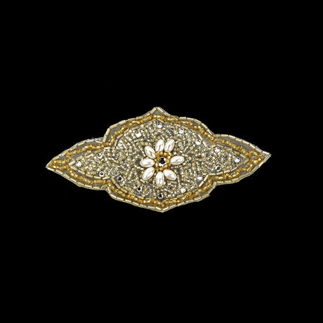 Vintage Gold Beaded and Rhinestone Floral Diamond Shaped Applique - 5.75" x 2.875"