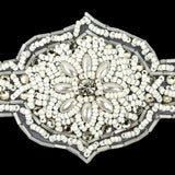 Vintage White Beaded and Rhinestone Floral Diamond Shaped Applique - 5.75" x 2.875"