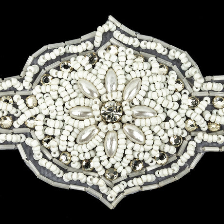 Vintage White Beaded and Rhinestone Floral Diamond Shaped Applique - 5.75" x 2.875"