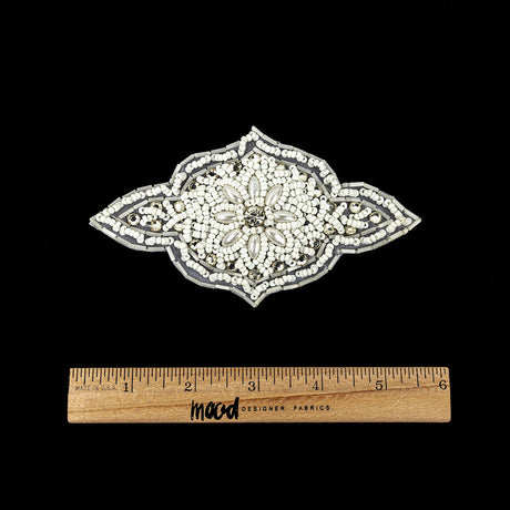 Vintage White Beaded and Rhinestone Floral Diamond Shaped Applique - 5.75" x 2.875"