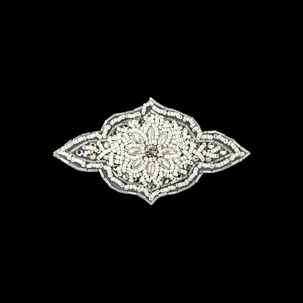 Vintage White Beaded and Rhinestone Floral Diamond Shaped Applique - 5.75" x 2.875"